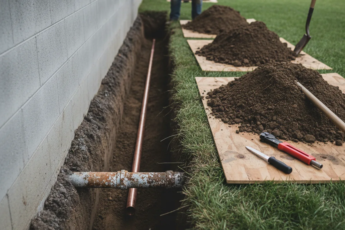 Excavated water line trench during Water Softener Installation in Home